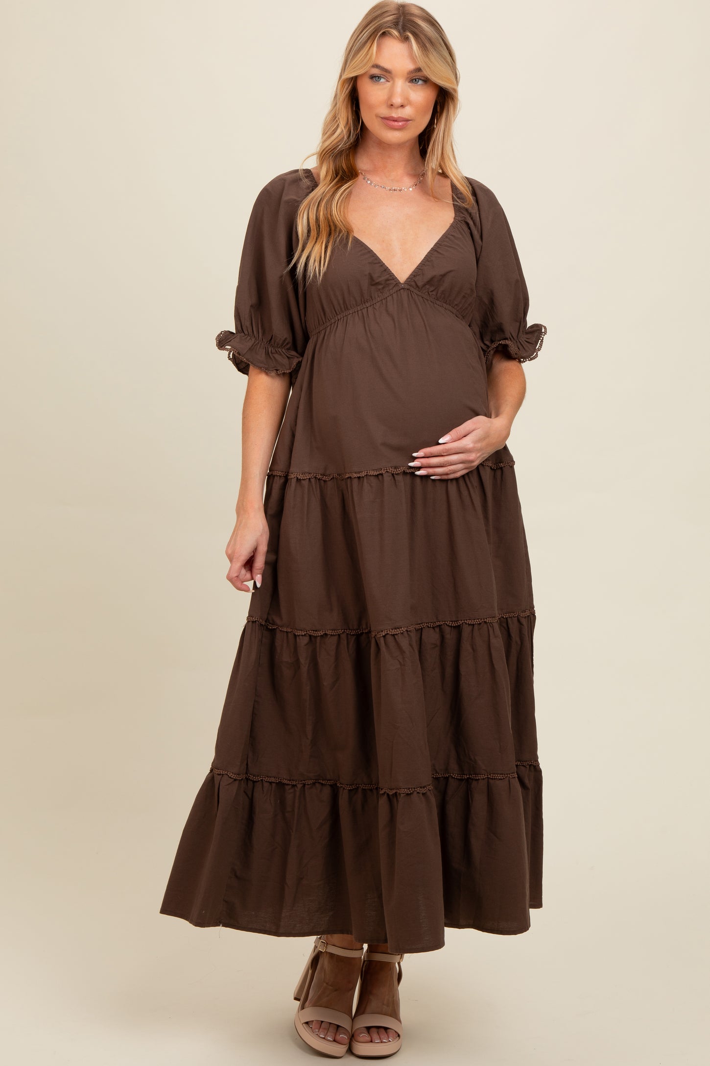 Brown Deep V-Neck Tiered Maternity Maxi Dress PinkBlush Brown Deep V-Neck Tiered Maternity Maxi Dress PinkBlush