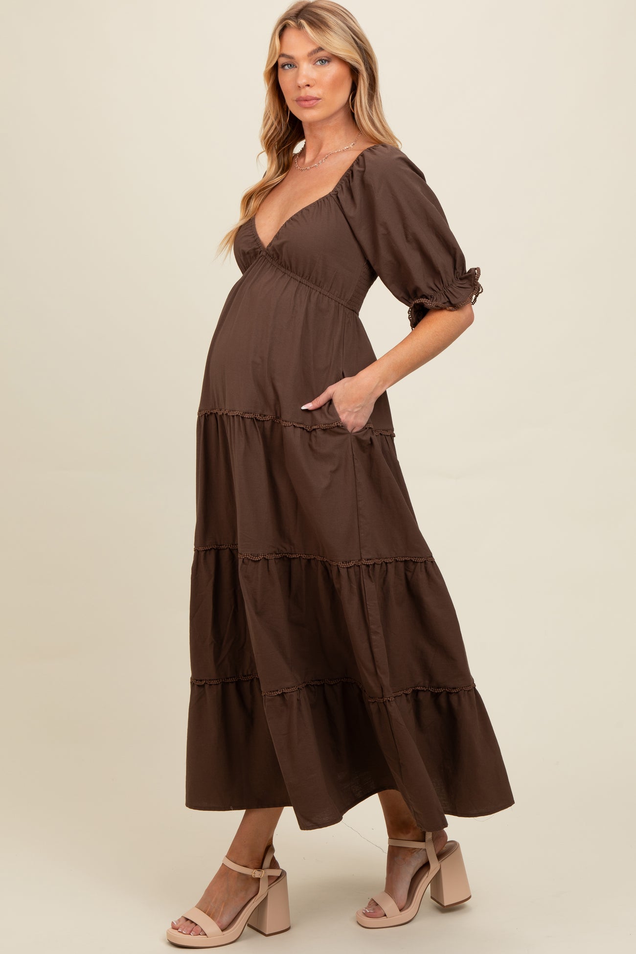 Brown Deep V-Neck Tiered Maternity Maxi Dress – PinkBlush