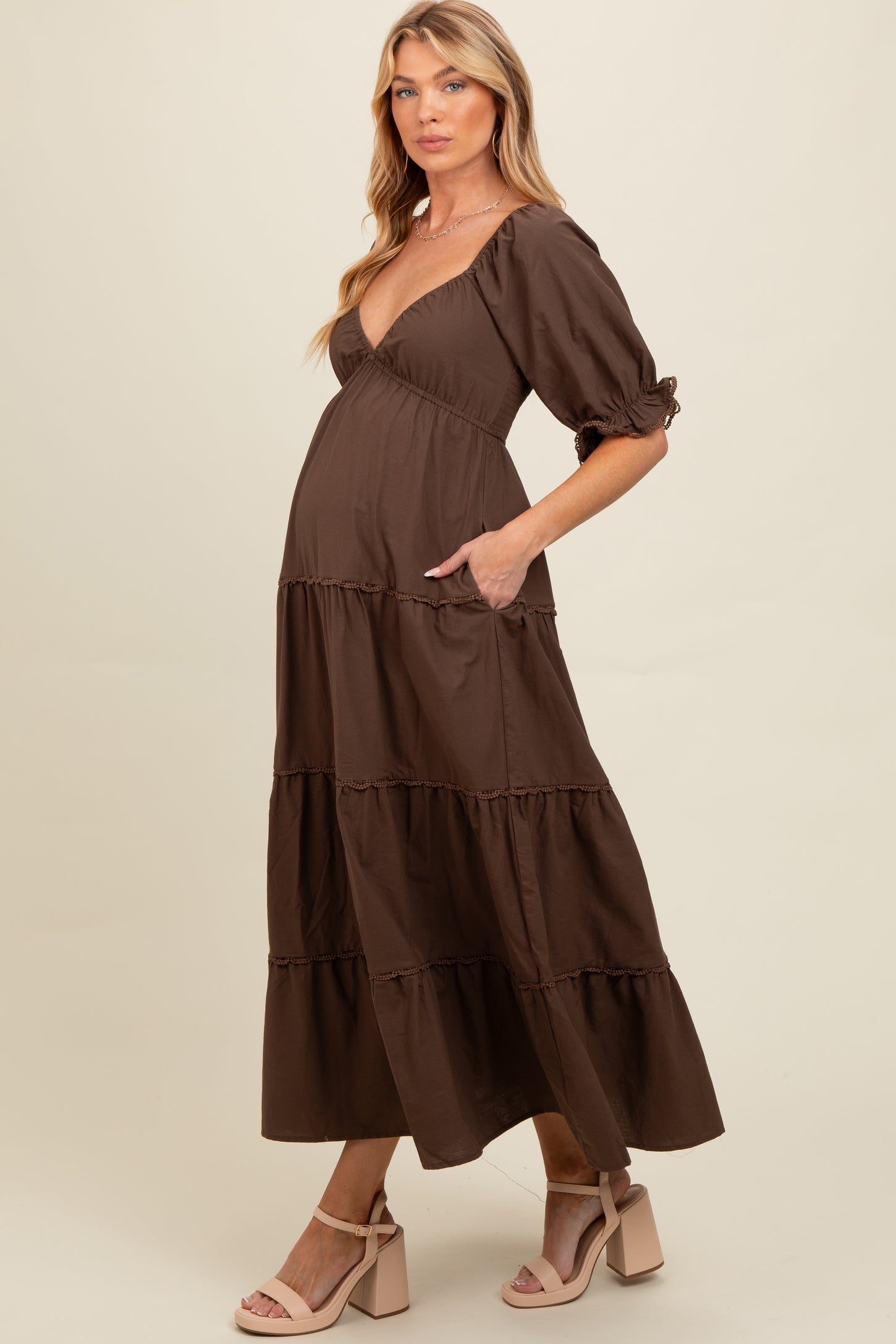 Brown Deep V-Neck Tiered Maternity Maxi Dress PinkBlush Brown Deep V-Neck Tiered Maternity Maxi Dress PinkBlush