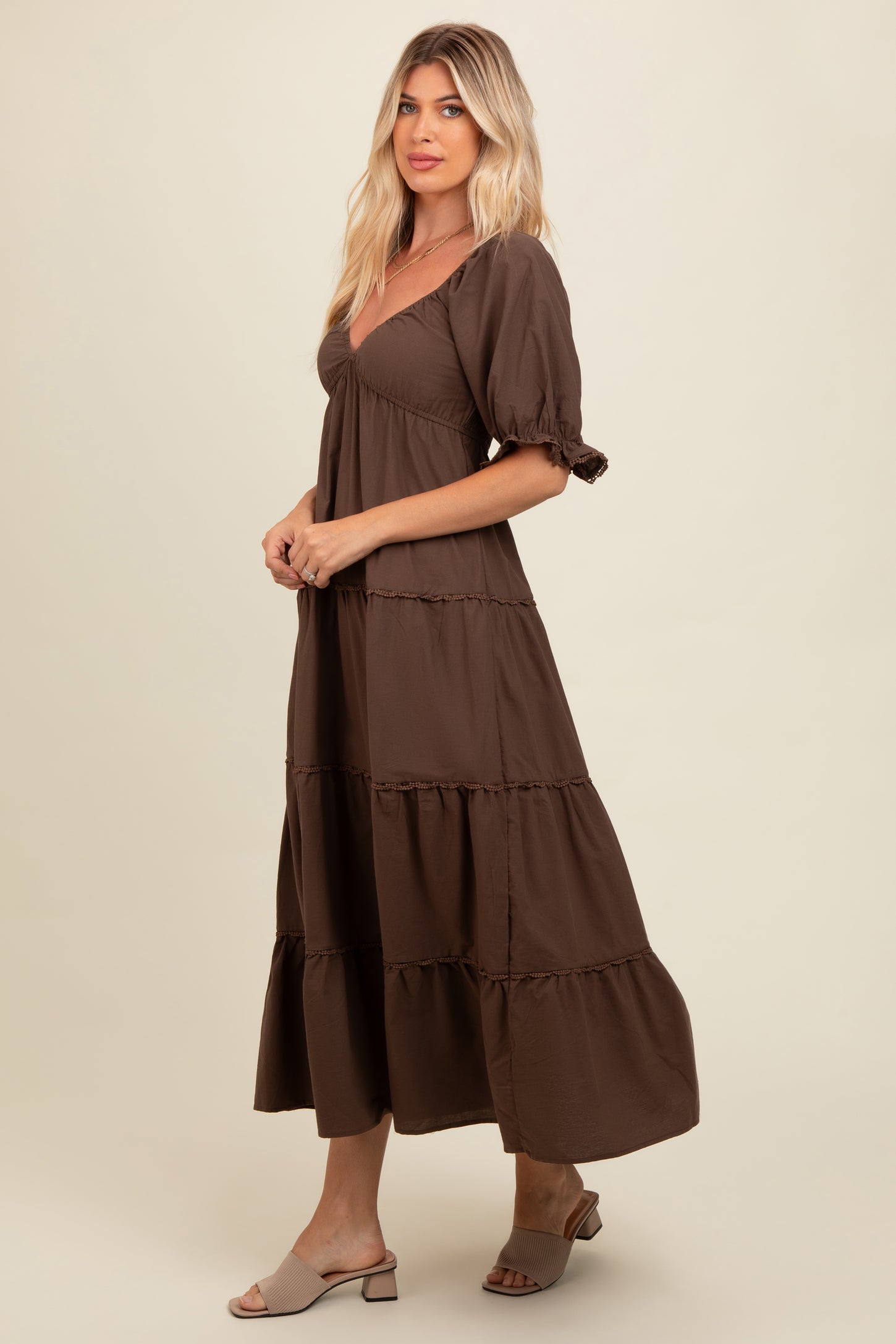 Brown Deep V-Neck Tiered Maternity Maxi Dress PinkBlush Brown Deep V-Neck Tiered Maternity Maxi Dress PinkBlush