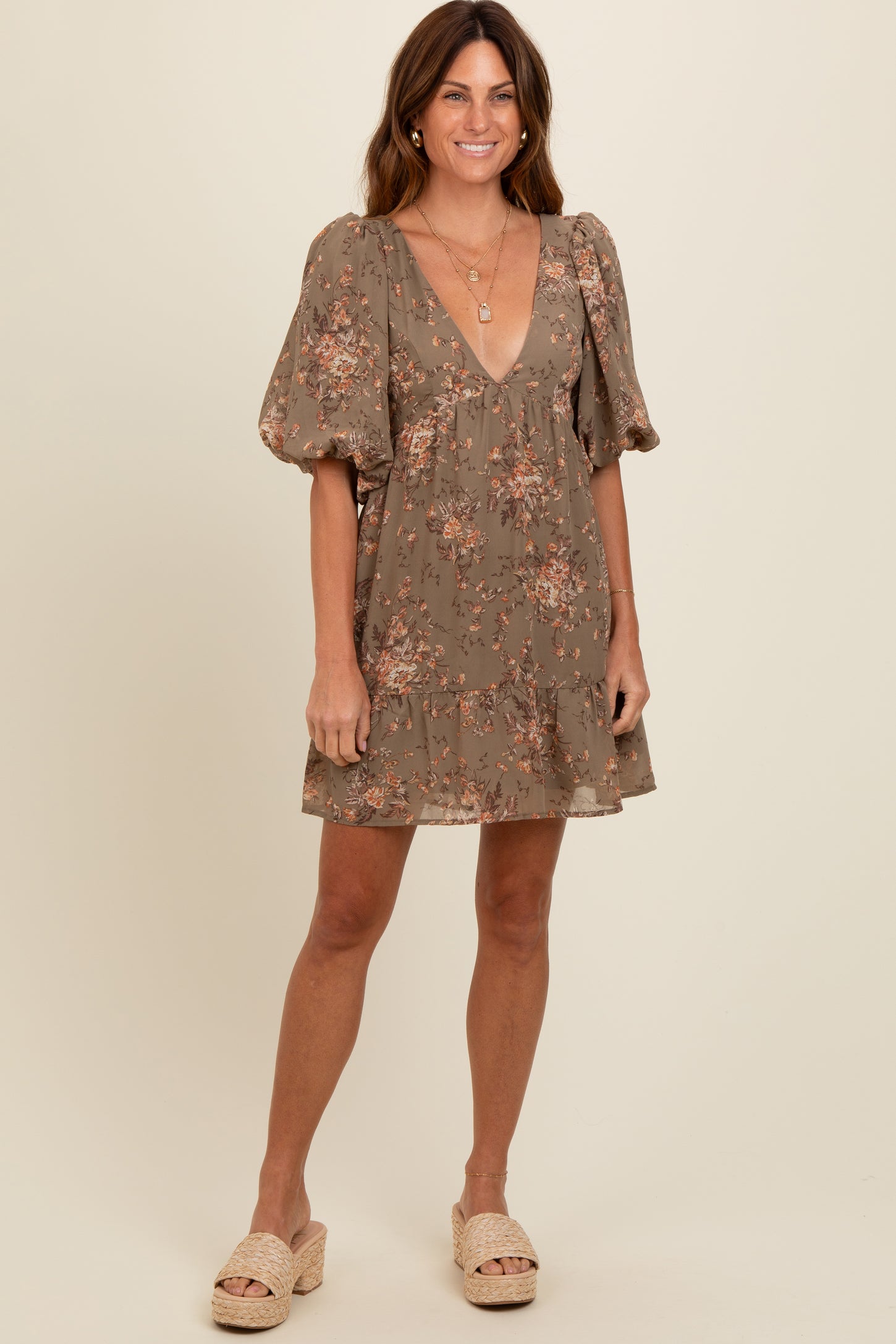 Olive Deep V-Neck Tie Back Floral Maternity Mini Dress