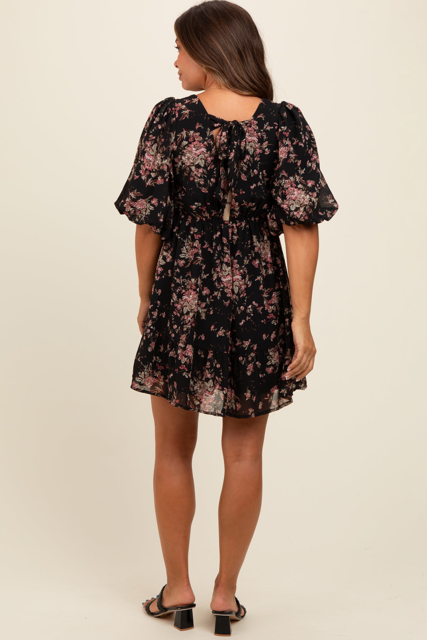 Black Deep V-Neck Tie Back Floral Maternity Mini Dress – PinkBlush