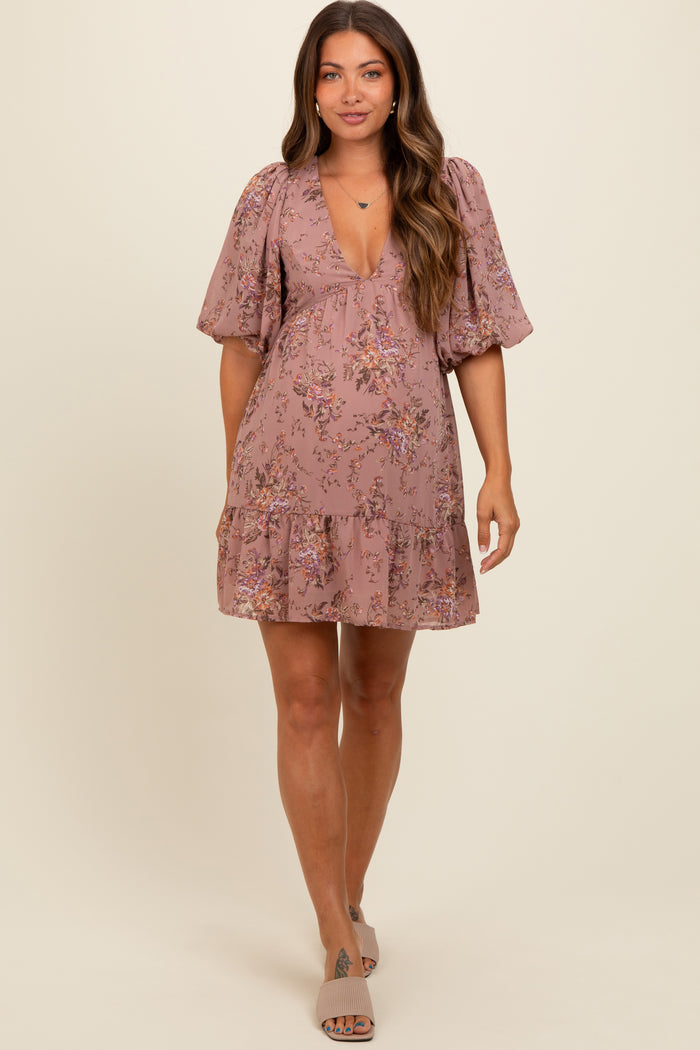 Mauve Deep V-Neck Tie Back Floral Maternity Mini Dress