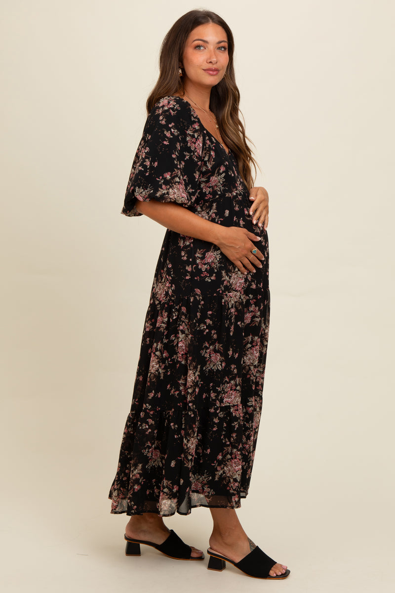 Black Floral Tiered Puff Sleeve Maternity Maxi Dress – PinkBlush