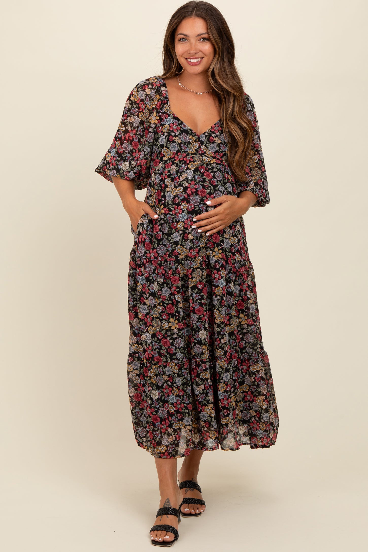 Black Floral Empire Waist Maternity Maxi Dress PinkBlush Black Floral Empire Waist Maternity Maxi Dress PinkBlush