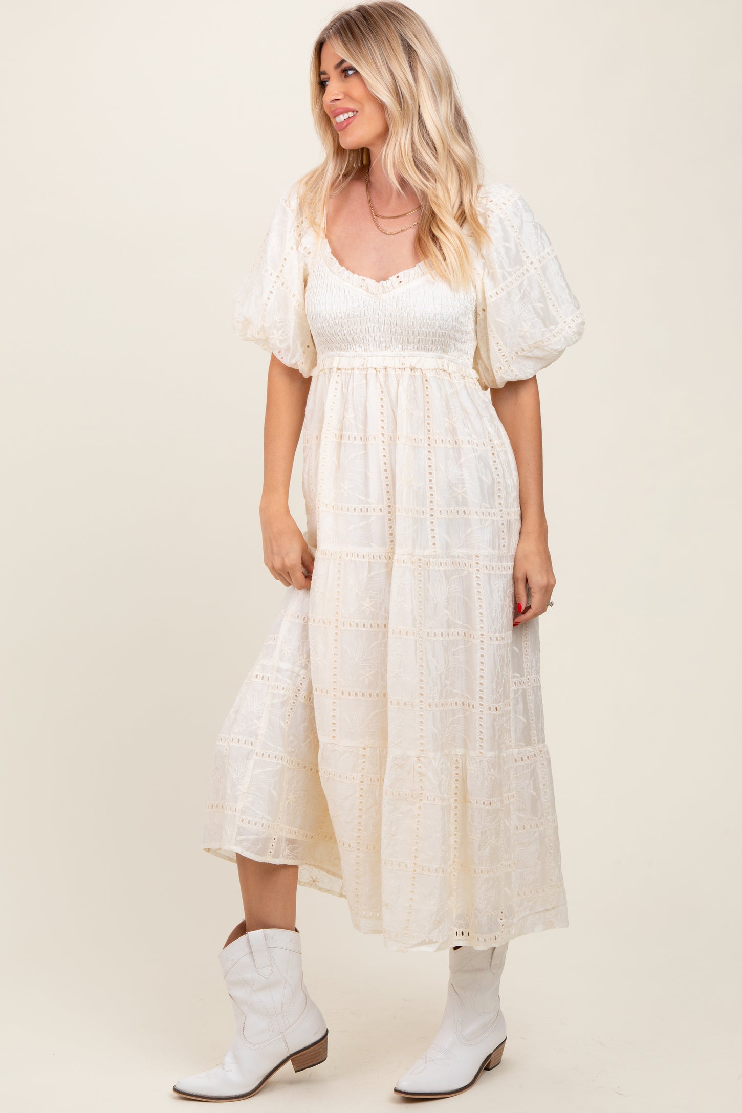 white puff sleeve maxi dress Embroidered Tiered in Maxi length Puff Sleeve Dresses - Puff