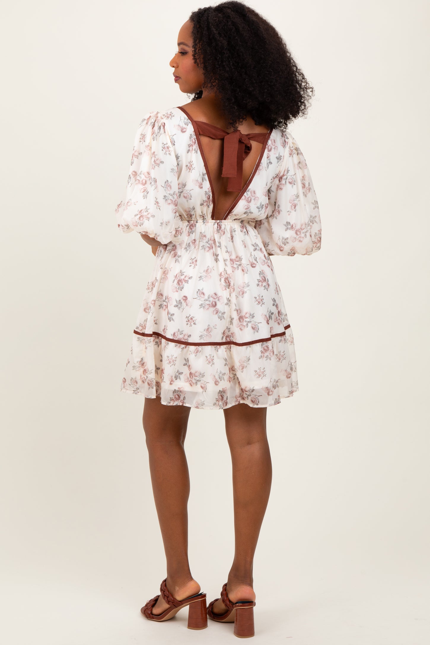 cut out back floral dress Cream Floral Deep V-Neck Back Cutout Dress