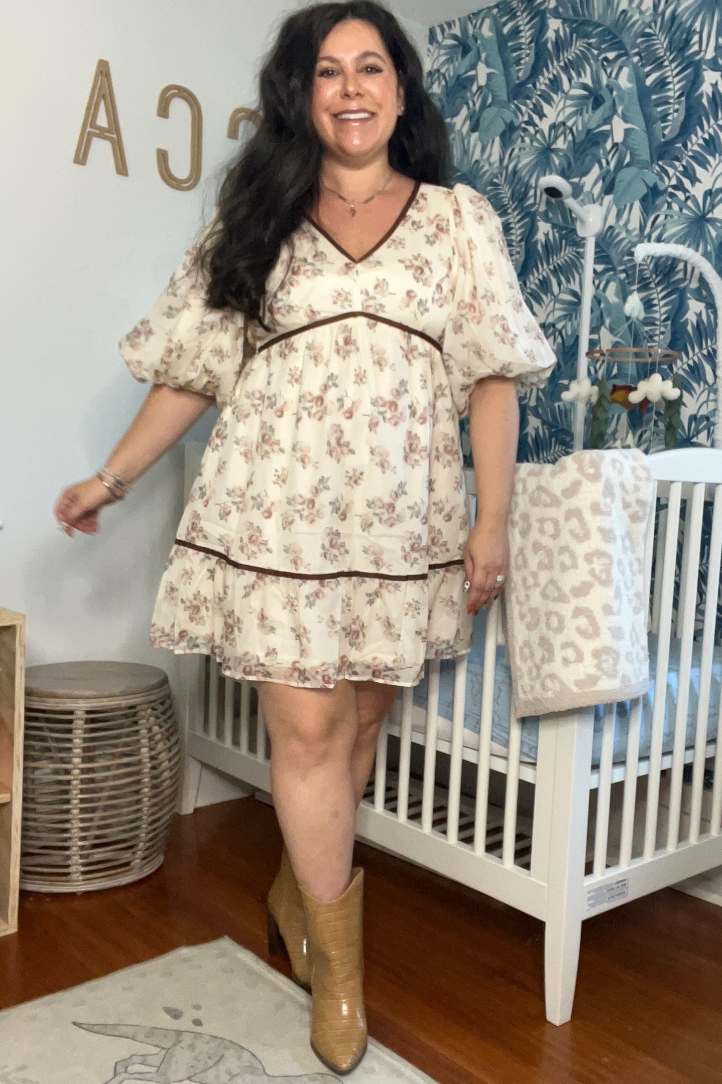 Cream Floral Deep V-Neck Back Cutout Maternity Dress