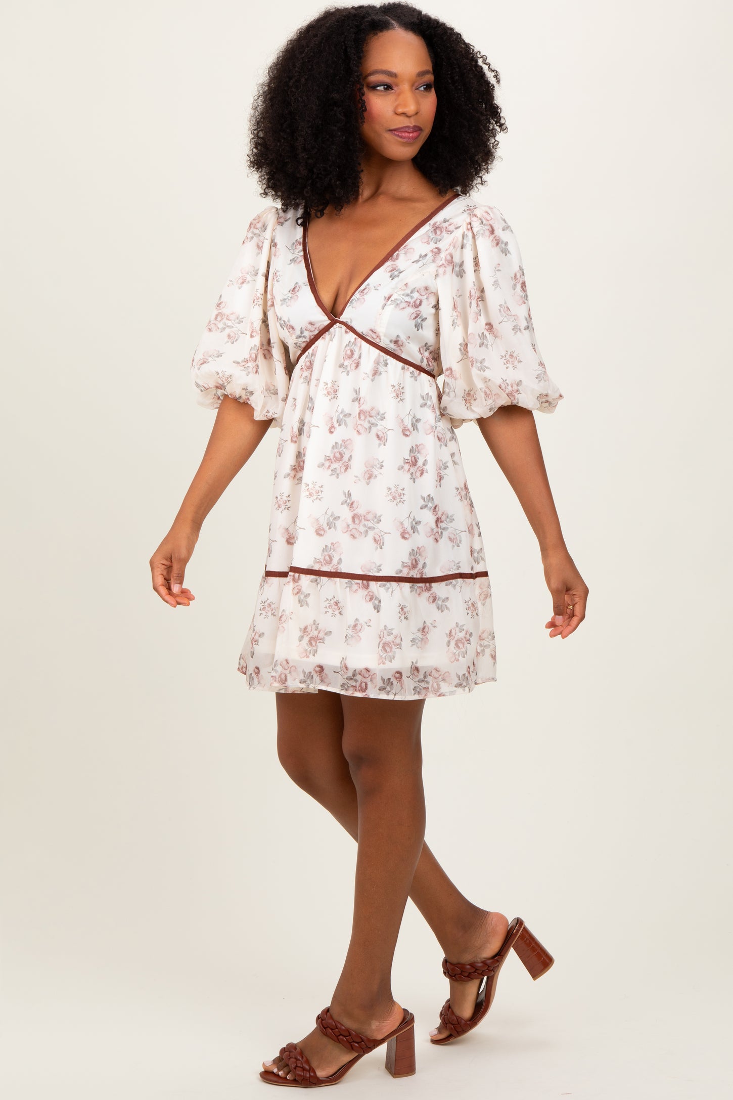 Cream Floral Deep V-Neck Back Cutout Dress – PinkBlush