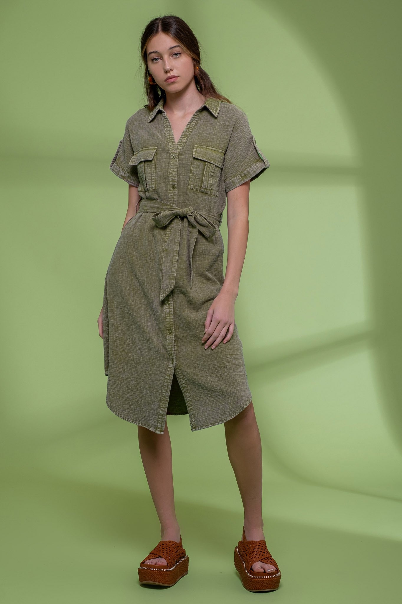 green emerald velvet dress Olive Corduroy Belted Shirt Dress S main image 1