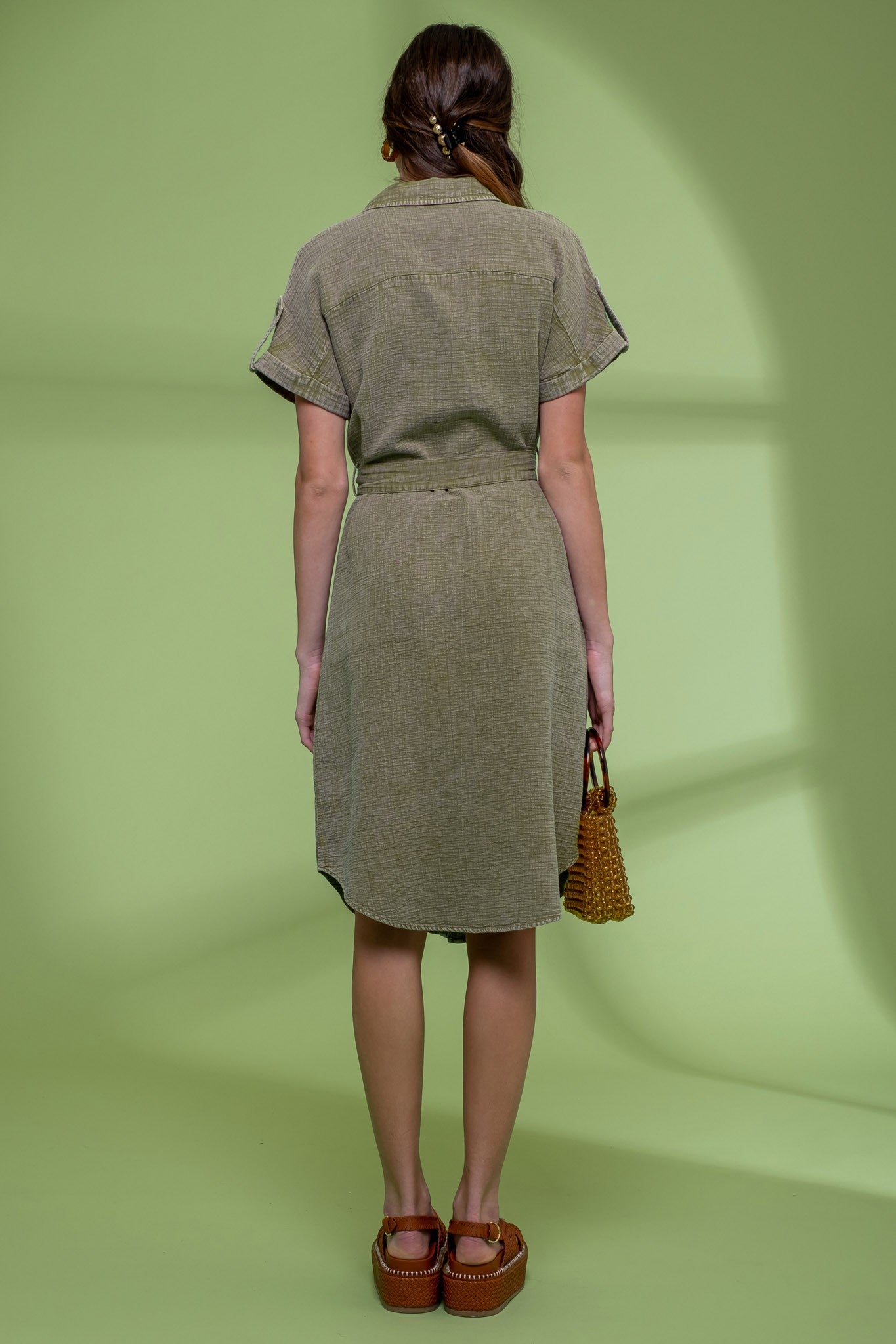 Dark Olive Washed Button Down Belted Midi Dress Dark Olive Washed Button Down Belted Midi Dress