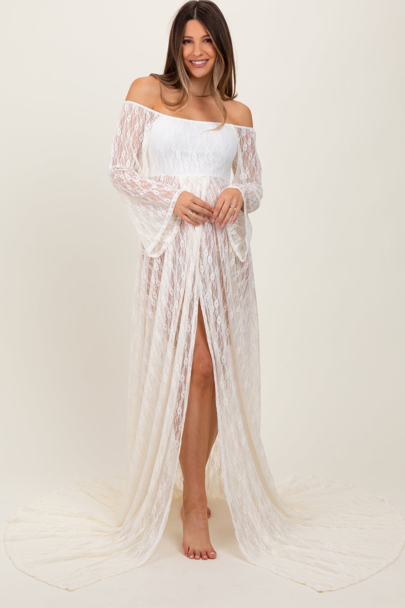 Ivory Lace Off Shoulder Maternity Photoshoot Gown/Dress – PinkBlush