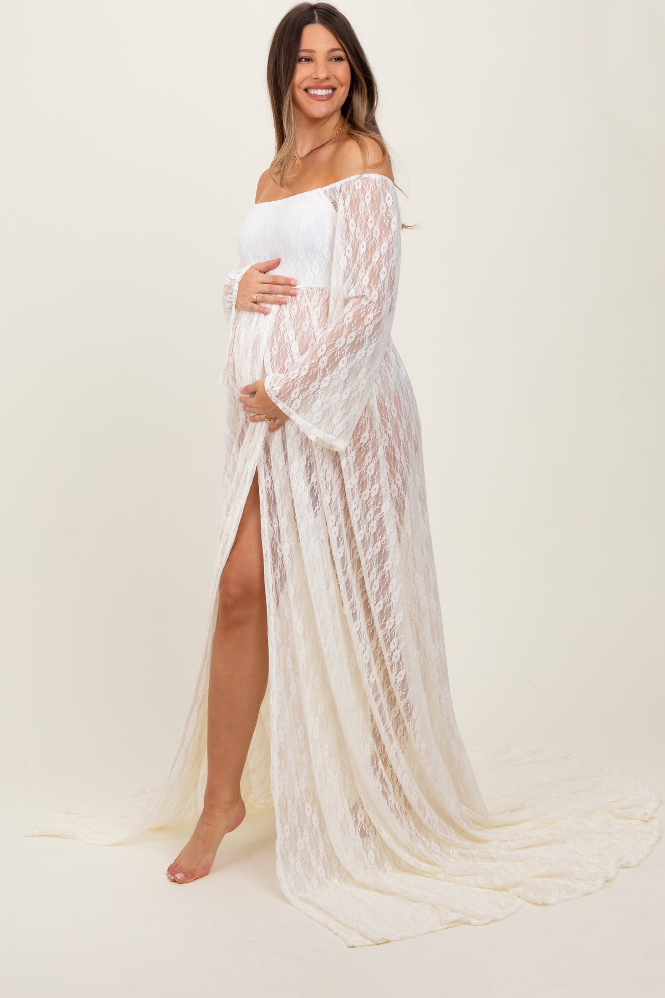 Ivory Lace Off Shoulder Maternity Photoshoot Gown/Dress – PinkBlush