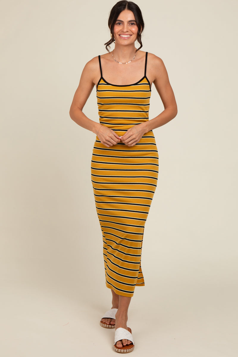 Yellow Striped Ribbed Side Slit Midi Dress – PinkBlush