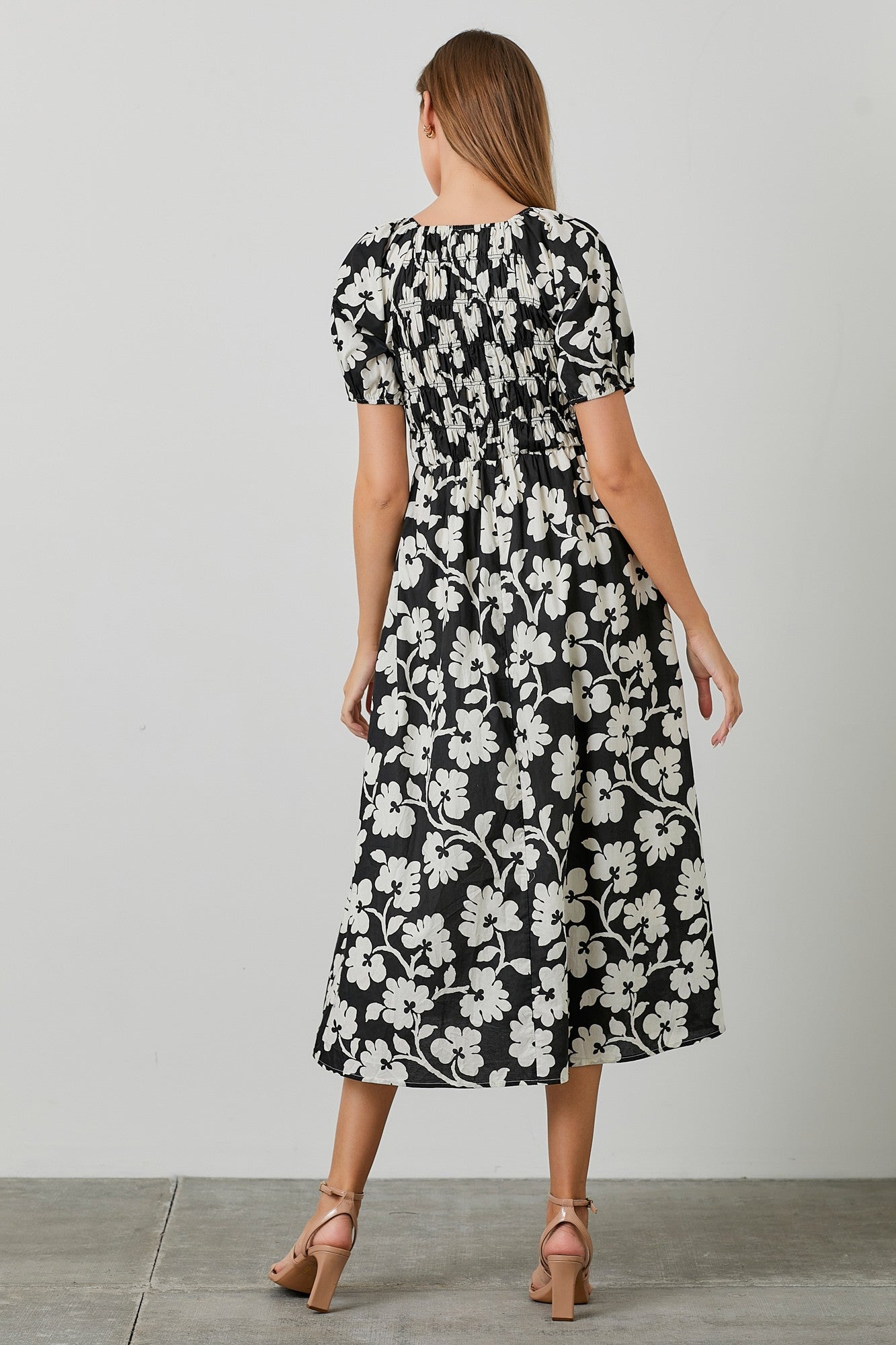 Black Floral Smocked Midi Dress Black Floral Smocked Midi Dress