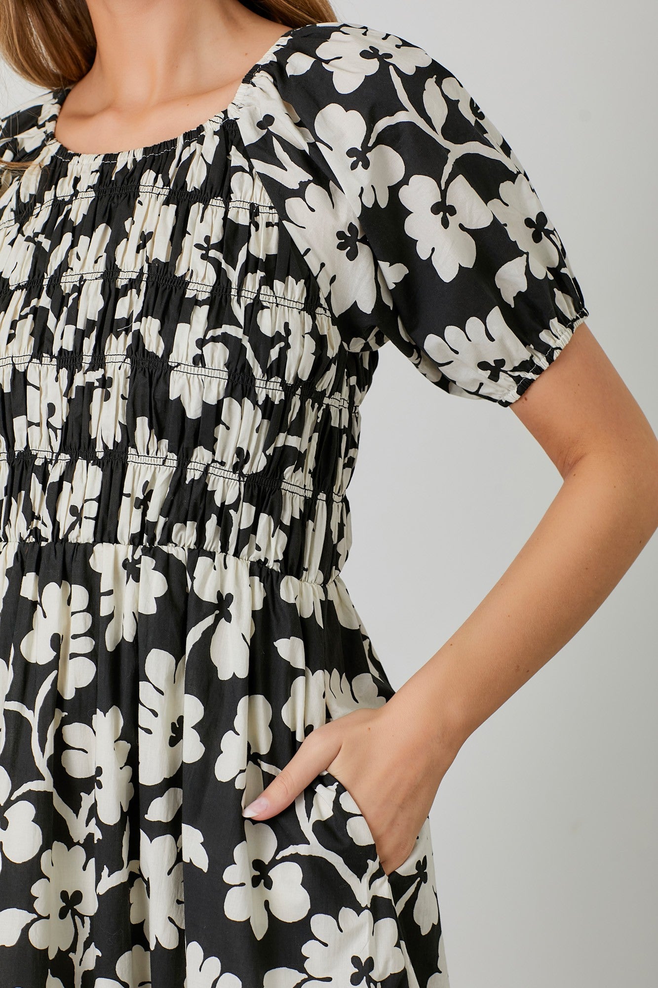 Black Floral Smocked Midi Dress Black Floral Smocked Midi Dress