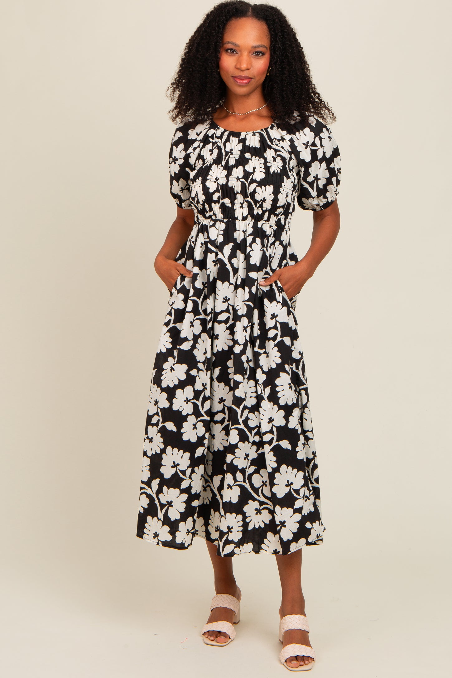 Black Floral Smocked Midi Dress Black Floral Smocked Midi Dress
