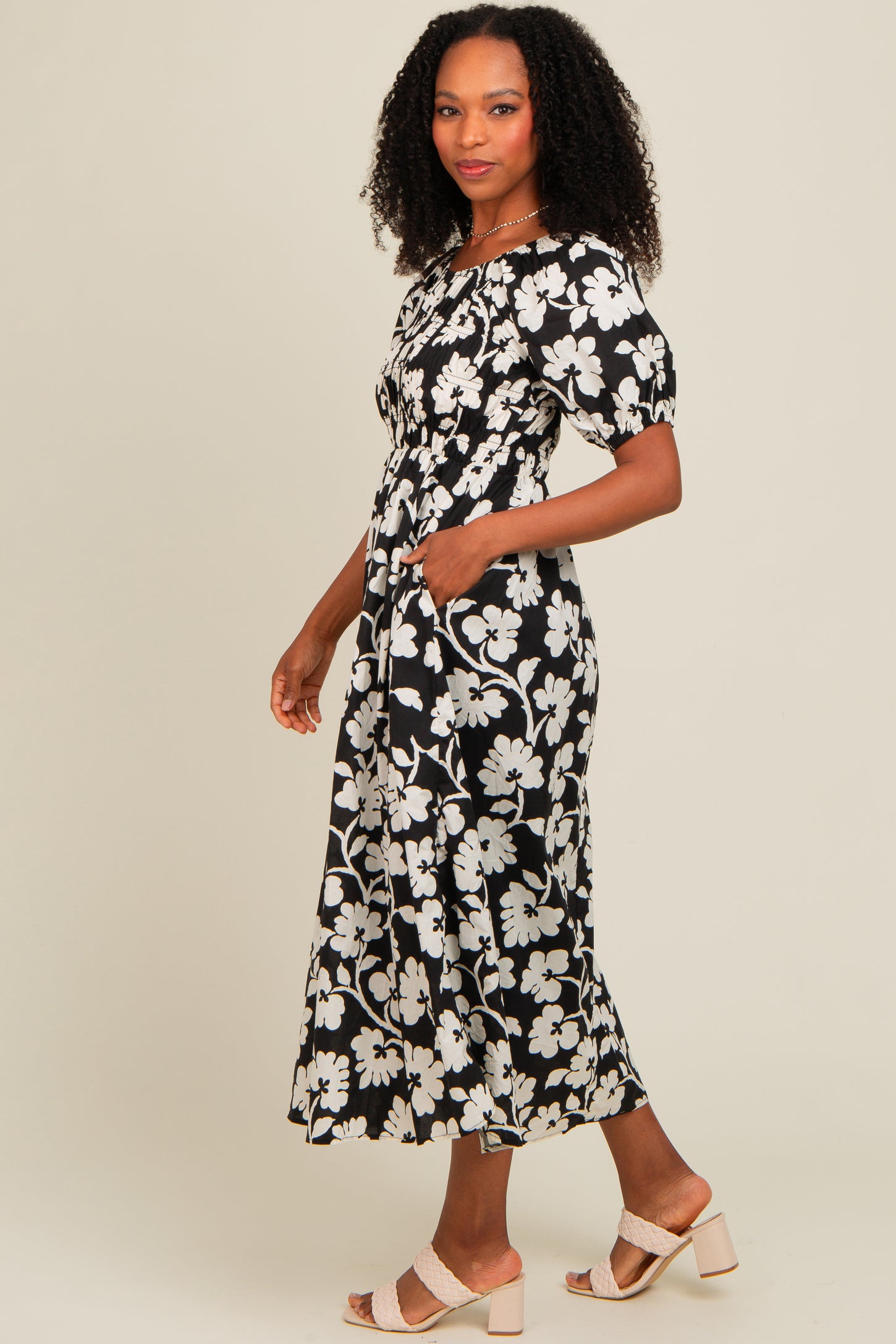 Black Floral Smocked Midi Dress Black Floral Smocked Midi Dress