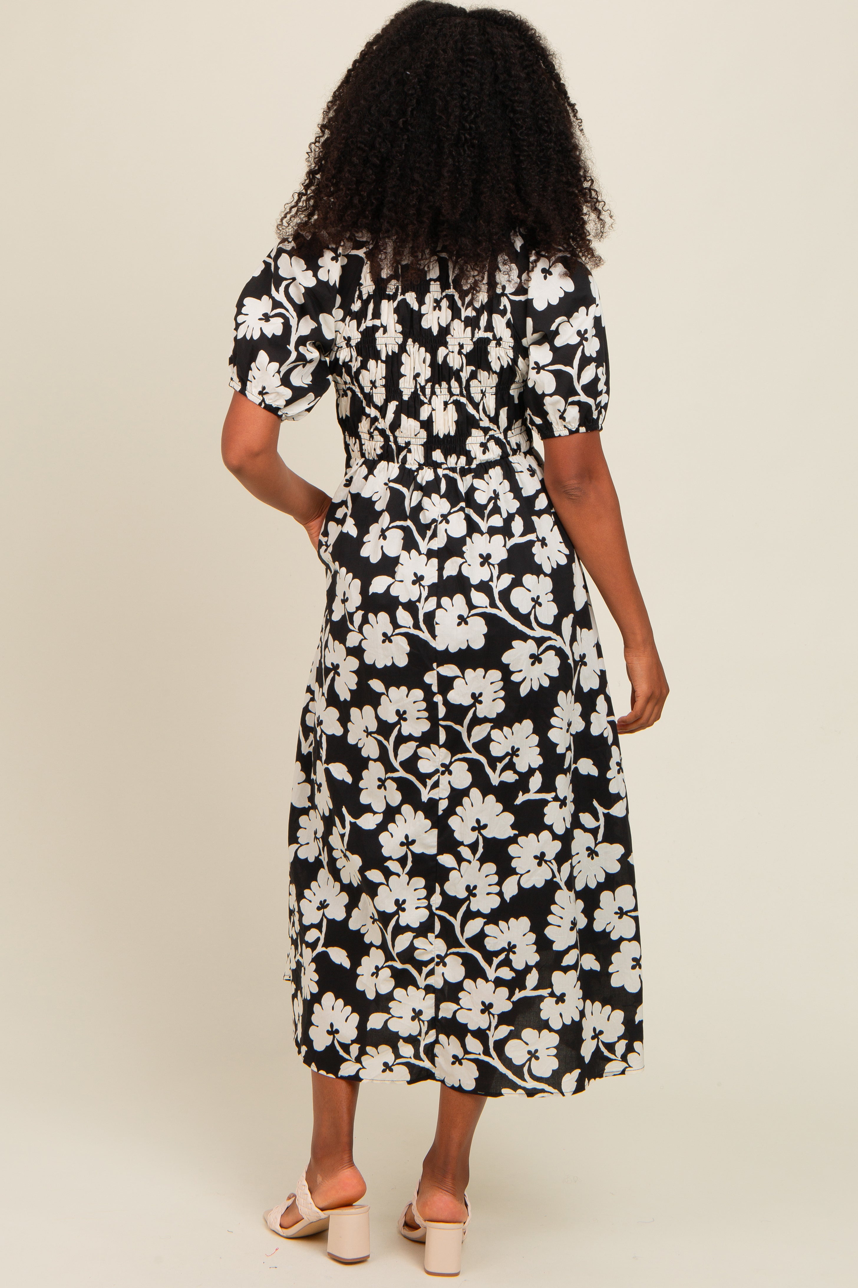 black floral smocked midi dress Black Floral Smocked Midi Dress PinkBlush