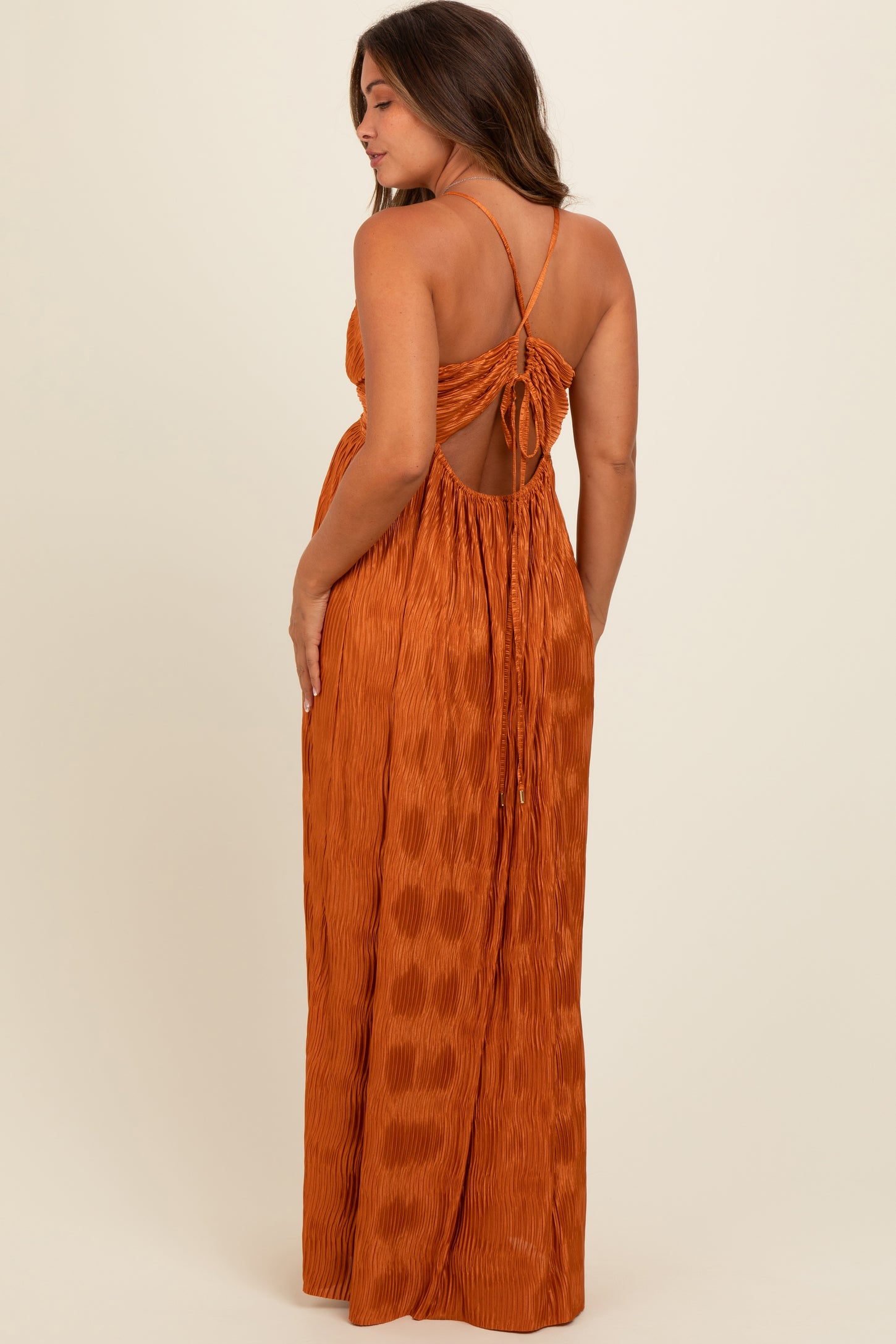 Camel Deep V-Neck Textured Satin Maternity Maxi Dress PinkBlush Camel Deep V-Neck Textured Satin Maternity Maxi Dress PinkBlush