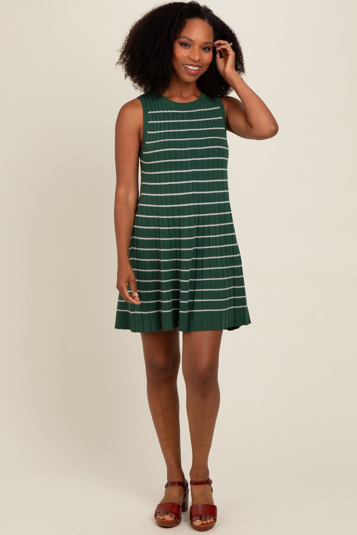 Forest Green Striped Knit Pleated A-Line Mini Dress Forest Green Striped Knit Pleated A-Line Mini Dress