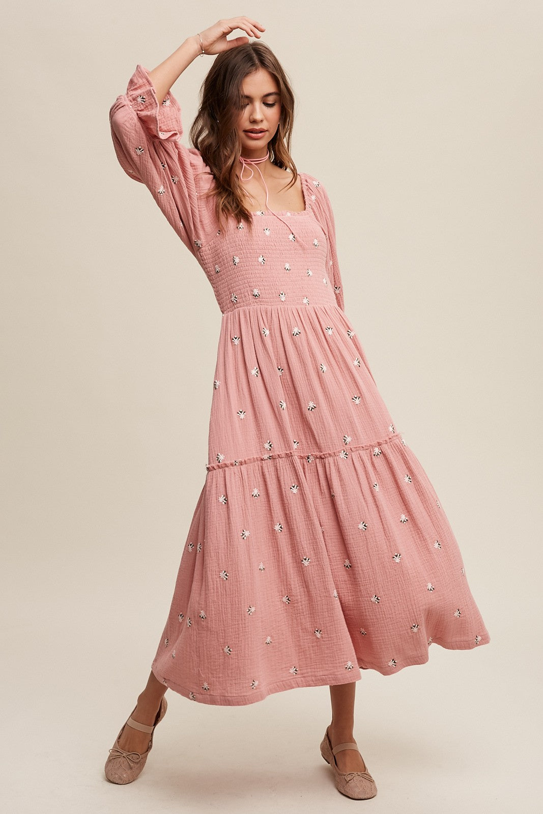 Deep Rose Ditzy Floral Embroidery Puff Sleeve Maxi Dress