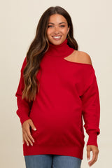 Red Cold Shoulder Turtle Neck Maternity Sweater