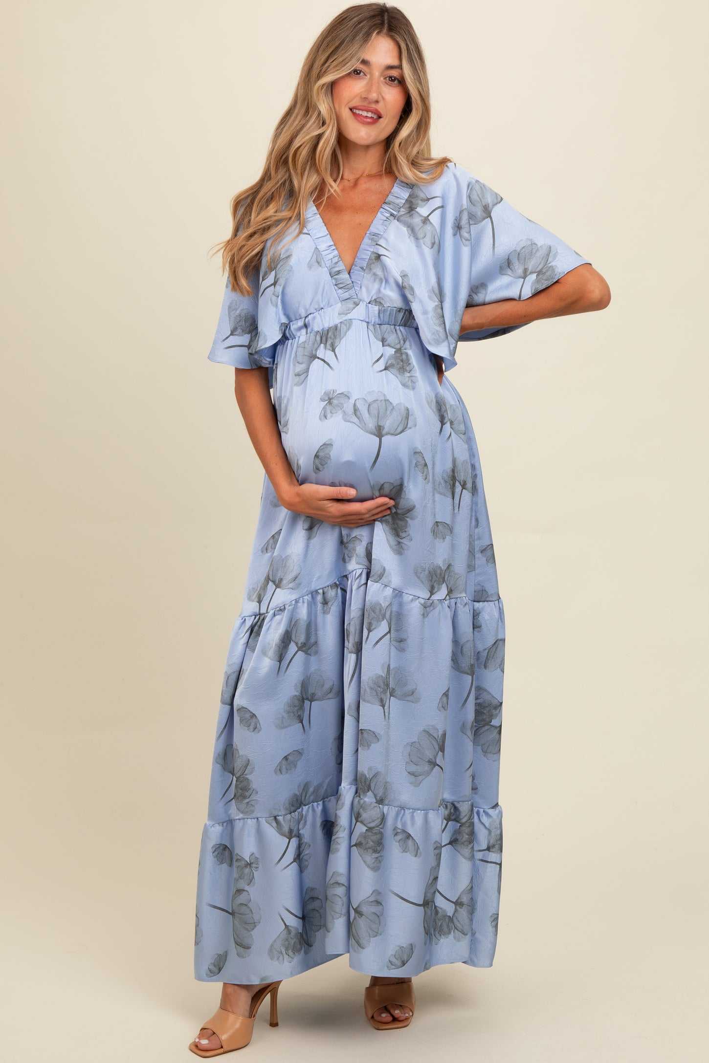 Light Blue Floral Deep V-Neck Maternity Maxi Dress PinkBlush Light Blue Floral Deep V-Neck Maternity Maxi Dress PinkBlush