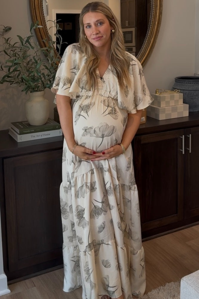 Cream Floral Deep V-Neck Maternity Maxi Dress – PinkBlush