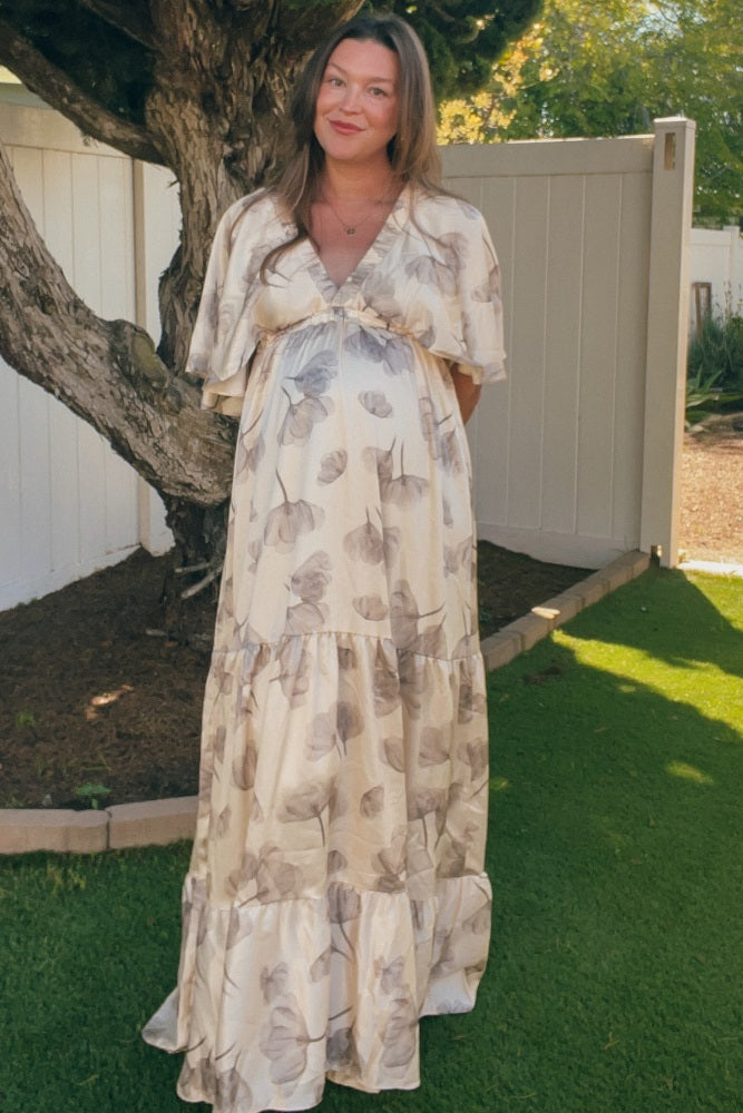 Cream Floral Deep V-Neck Maternity Maxi Dress