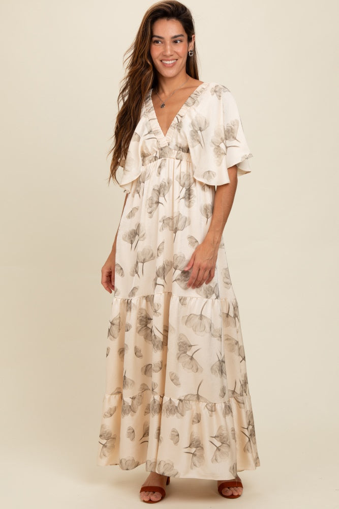 Pinkblush Cream Floral Deep V-Neck Maternity Maxi Dress Cream Small