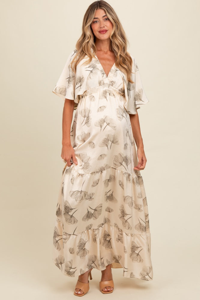 Cream Floral Deep V-Neck Maternity Maxi Dress Cream Floral Deep V-Neck Maternity Maxi Dress