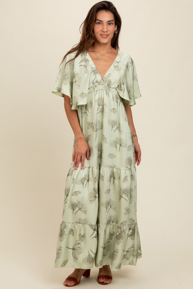 Light Olive Floral Deep V-Neck Maternity Maxi Dress Light Olive Floral Deep V-Neck Maternity Maxi Dress