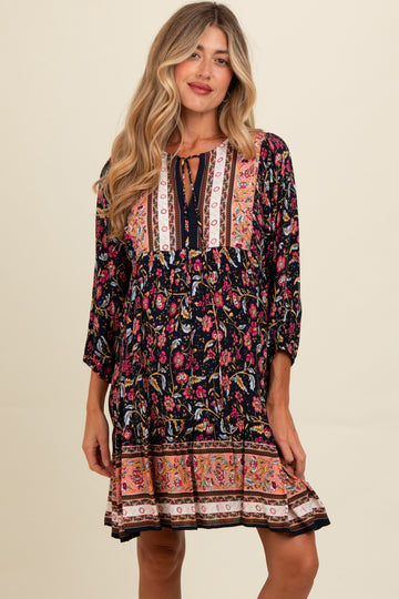 Navy Floral Print Border Tie Front Maternity Dress