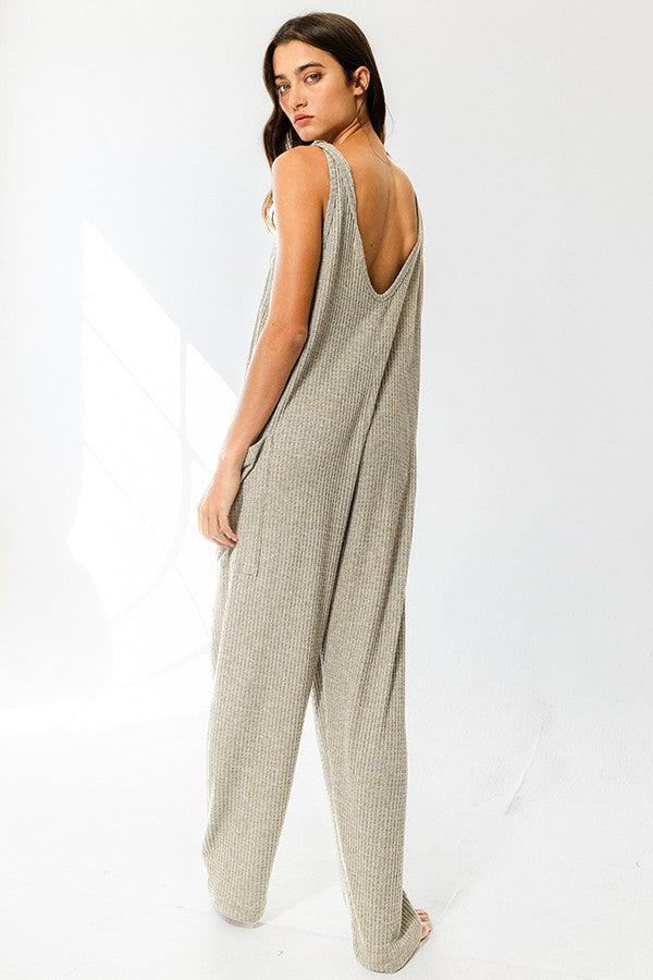 Olive Oversize Tank Textured Knit Jumpsuit With Pockets