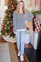 Navy Striped Relaxed Fit V-Neck Sweater