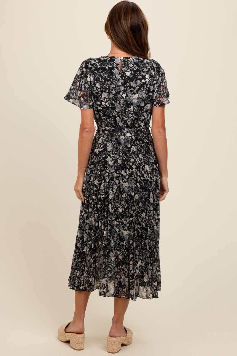 Black Floral Pleated Midi Dress – PinkBlush
