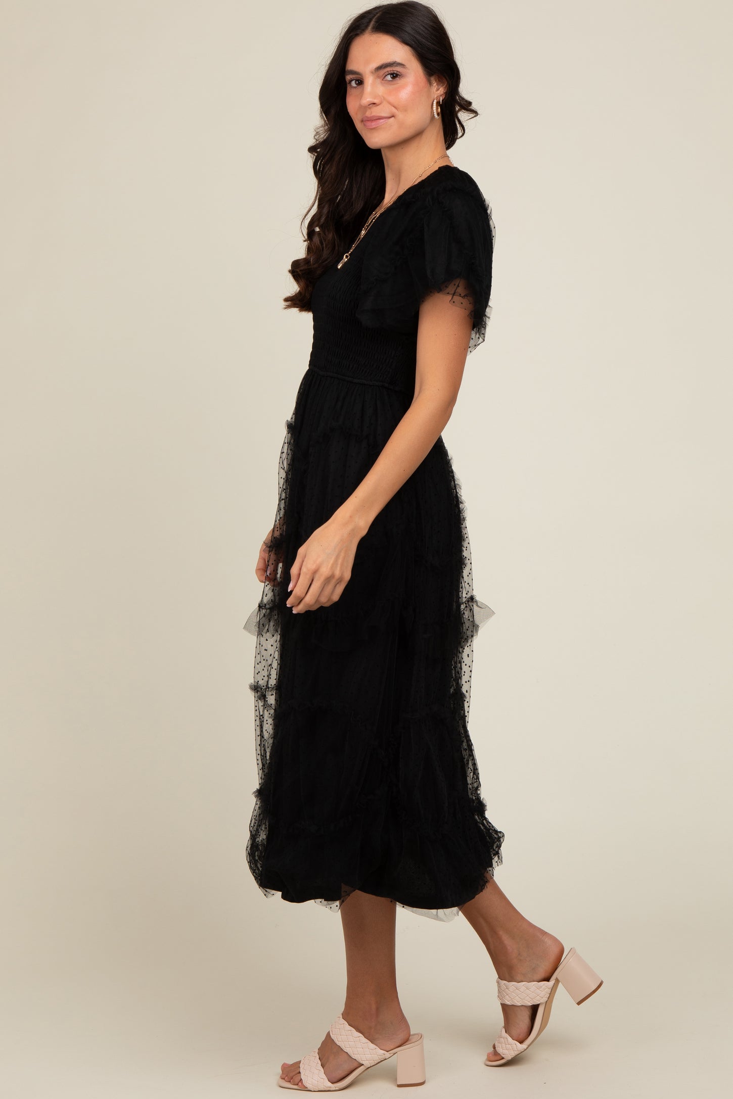 Black Smocked Dotted Tulle Overlay Midi Dress Black Smocked Dotted Tulle Overlay Midi Dress