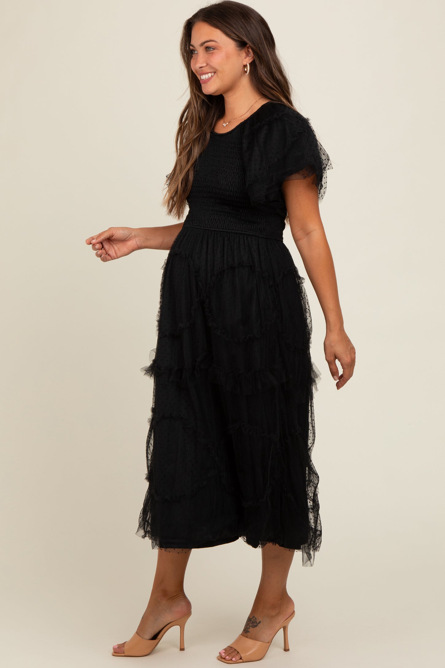 Black Smocked Dotted Tulle Overlay Maternity Midi Dress Black Smocked Dotted Tulle Overlay Maternity Midi Dress