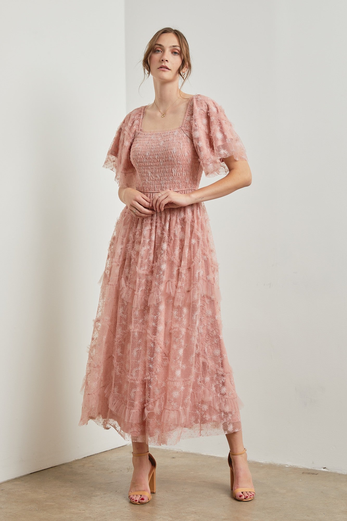 Pink Floral Embroidered Ruffle Tulle Maternity Midi Dress PinkBlush Pink Floral Embroidered Ruffle Tulle Maternity Midi Dress PinkBlush