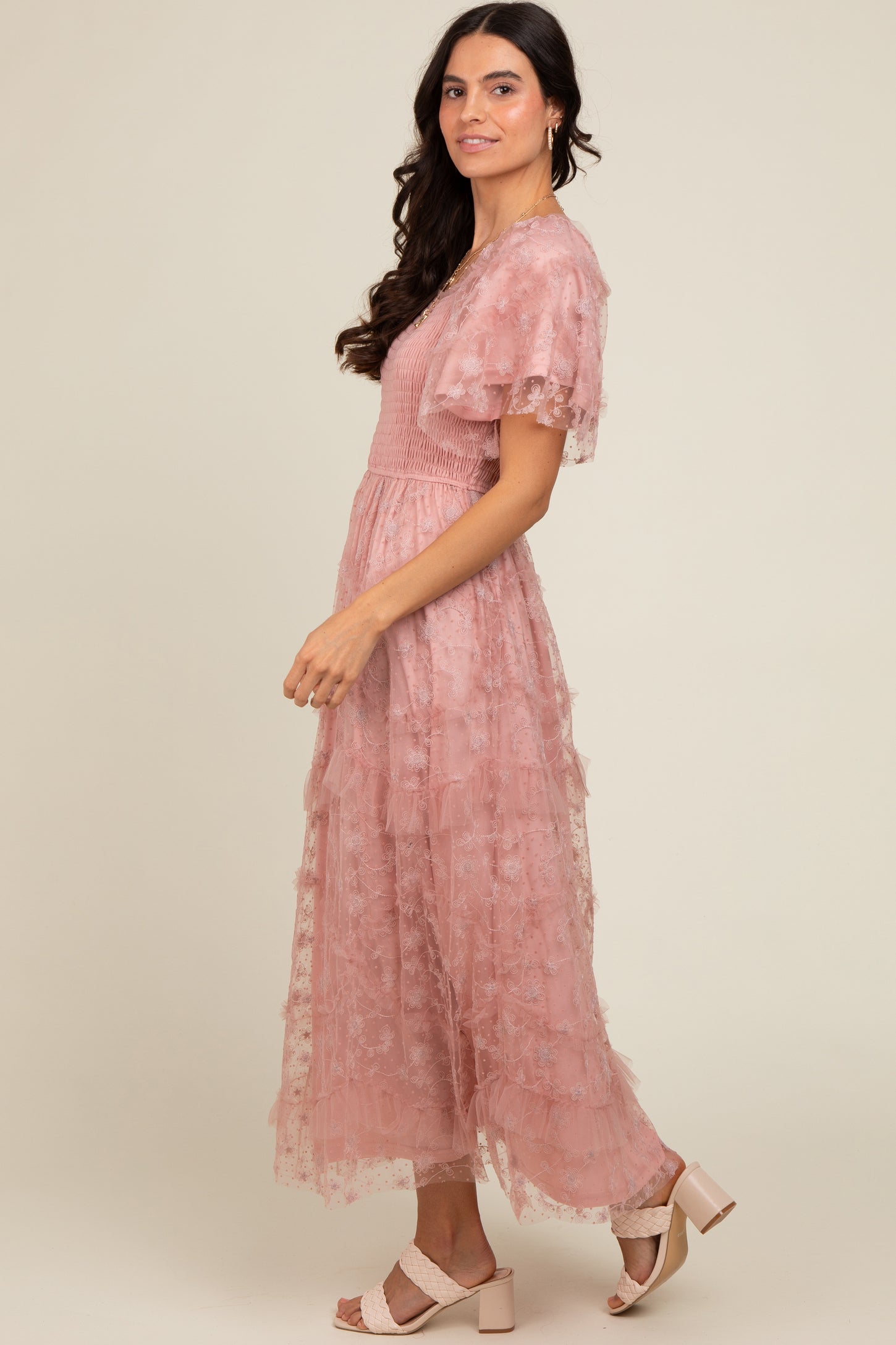 Pink Floral Embroidered Ruffle Tulle Midi Dress PinkBlush Pink Floral Embroidered Ruffle Tulle Midi Dress PinkBlush
