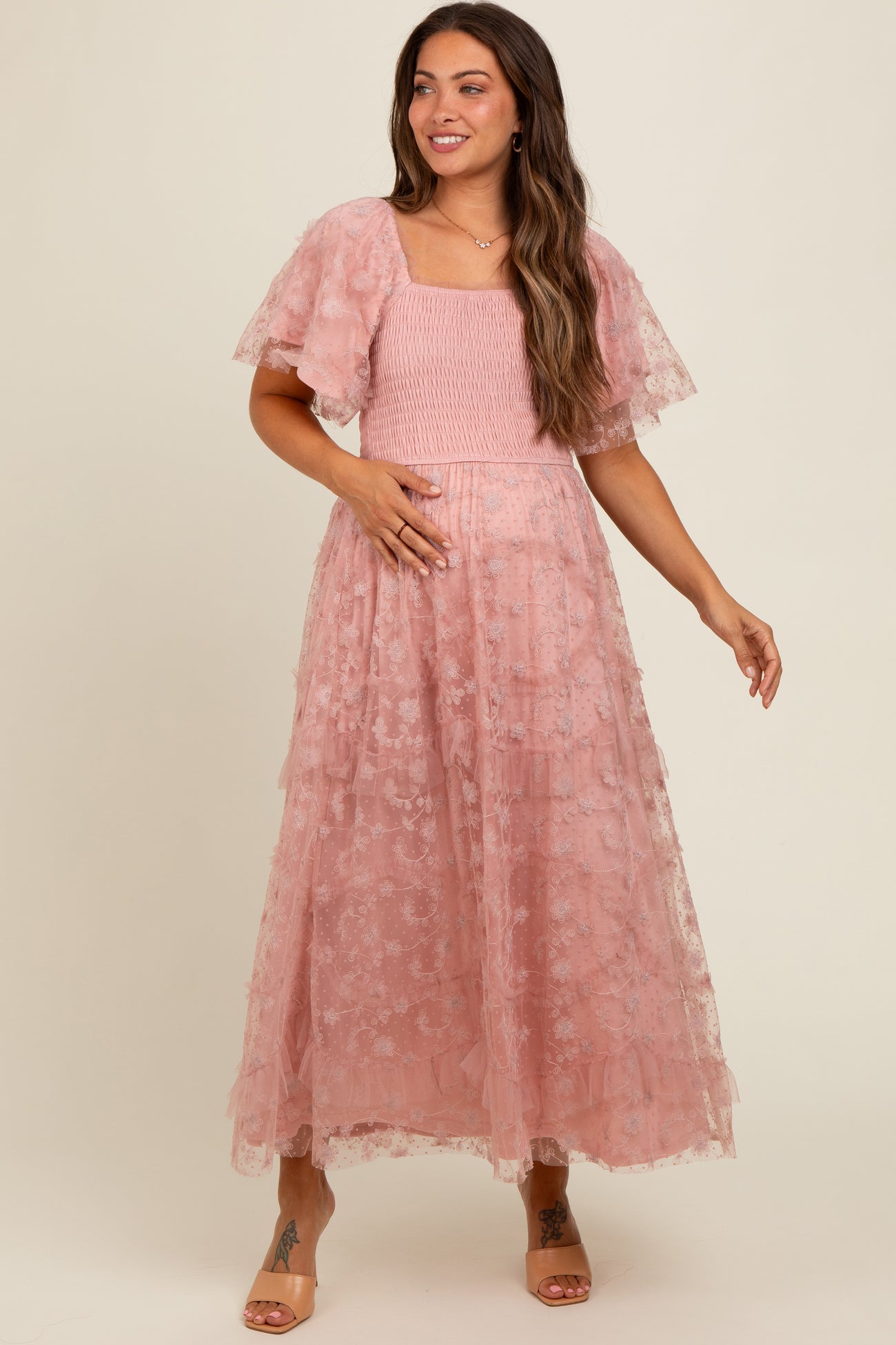 Pink Floral Embroidered Ruffle Tulle Maternity Midi Dress PinkBlush Pink Floral Embroidered Ruffle Tulle Maternity Midi Dress PinkBlush