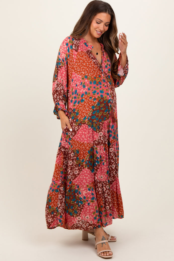 Fuchsia Floral Patchwork Front Tie Maternity Maxi Dress