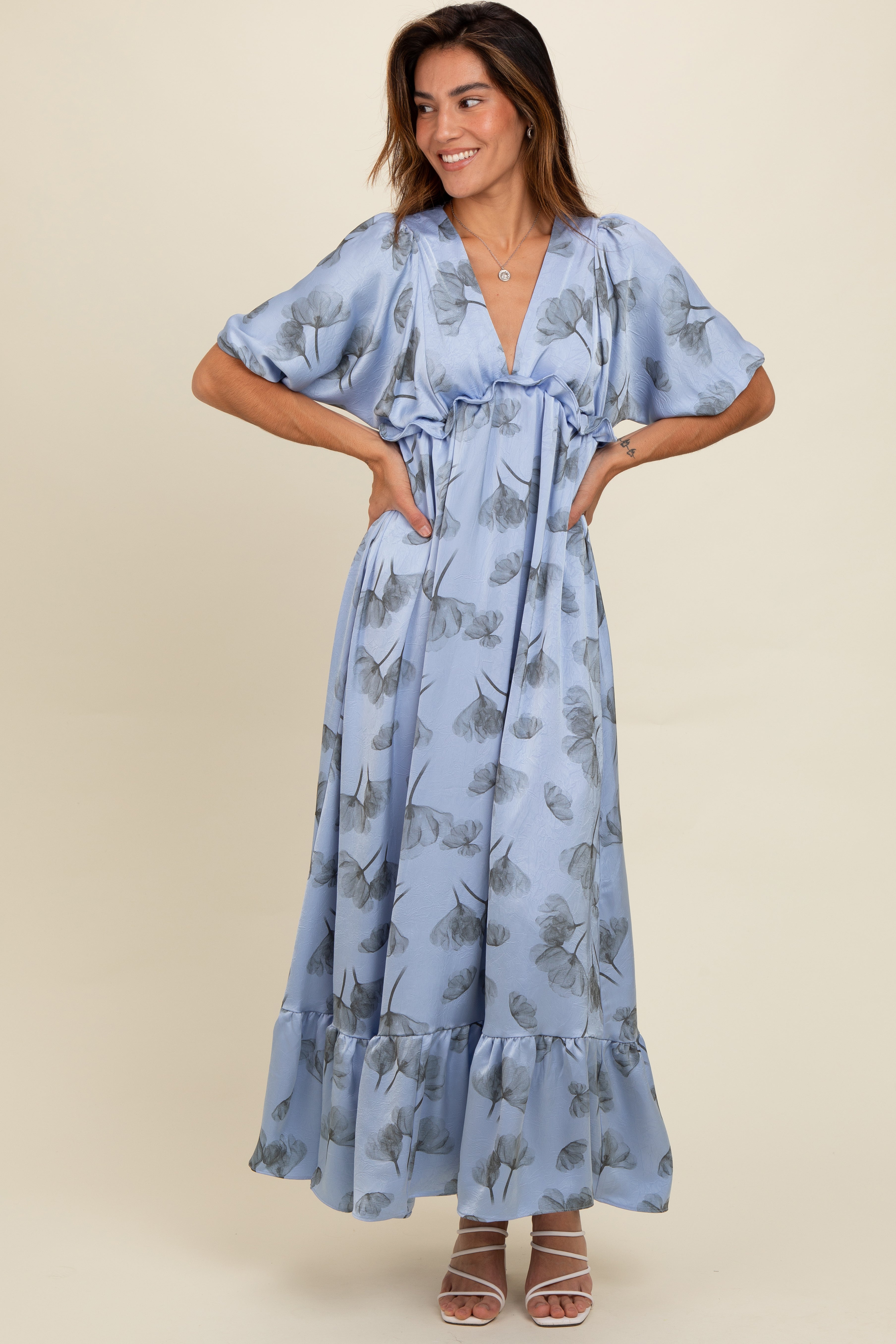 blue floral chiffon maxi dress Ruffle Accent Maternity – PinkBlush 2024 Bridesmaid-3 Choose Option:38x29 fully lined body—perfect for Black Maxi Dress -