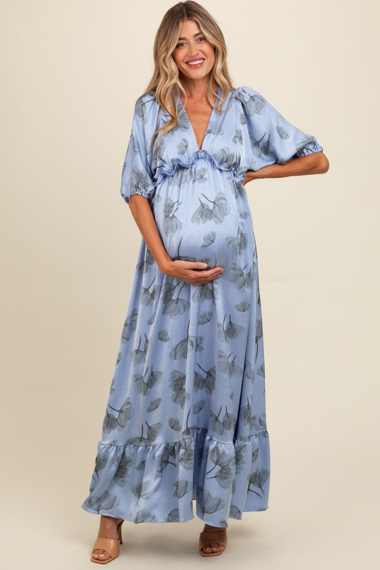 Blue Floral Chiffon Ruffle Accent Maternity Maxi Dress – PinkBlush
