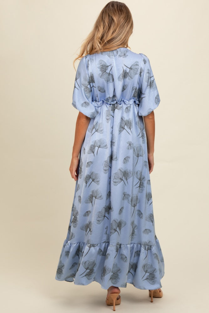 Blue Floral Chiffon Ruffle Accent Maternity Maxi Dress Blue Floral Chiffon Ruffle Accent Maternity Maxi Dress