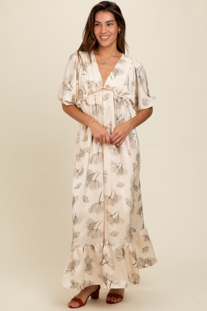 Cream Floral Chiffon Ruffle Accent Maternity Maxi Dress PinkBlush Cream Floral Chiffon Ruffle Accent Maternity Maxi Dress PinkBlush