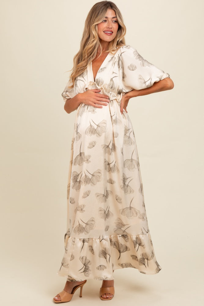 open lace back dress Cream Floral Chiffon Embroidered Ruffle Trim Maternity Maxi Dress –  PinkBlush
