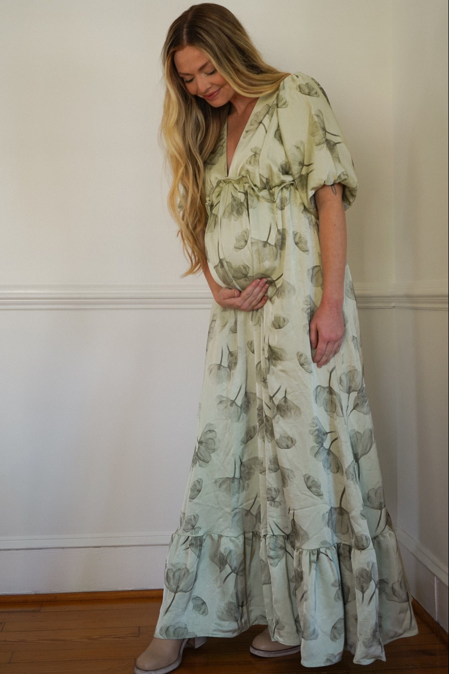 Light Olive Floral Chiffon Ruffle Accent Maternity Maxi Dress
