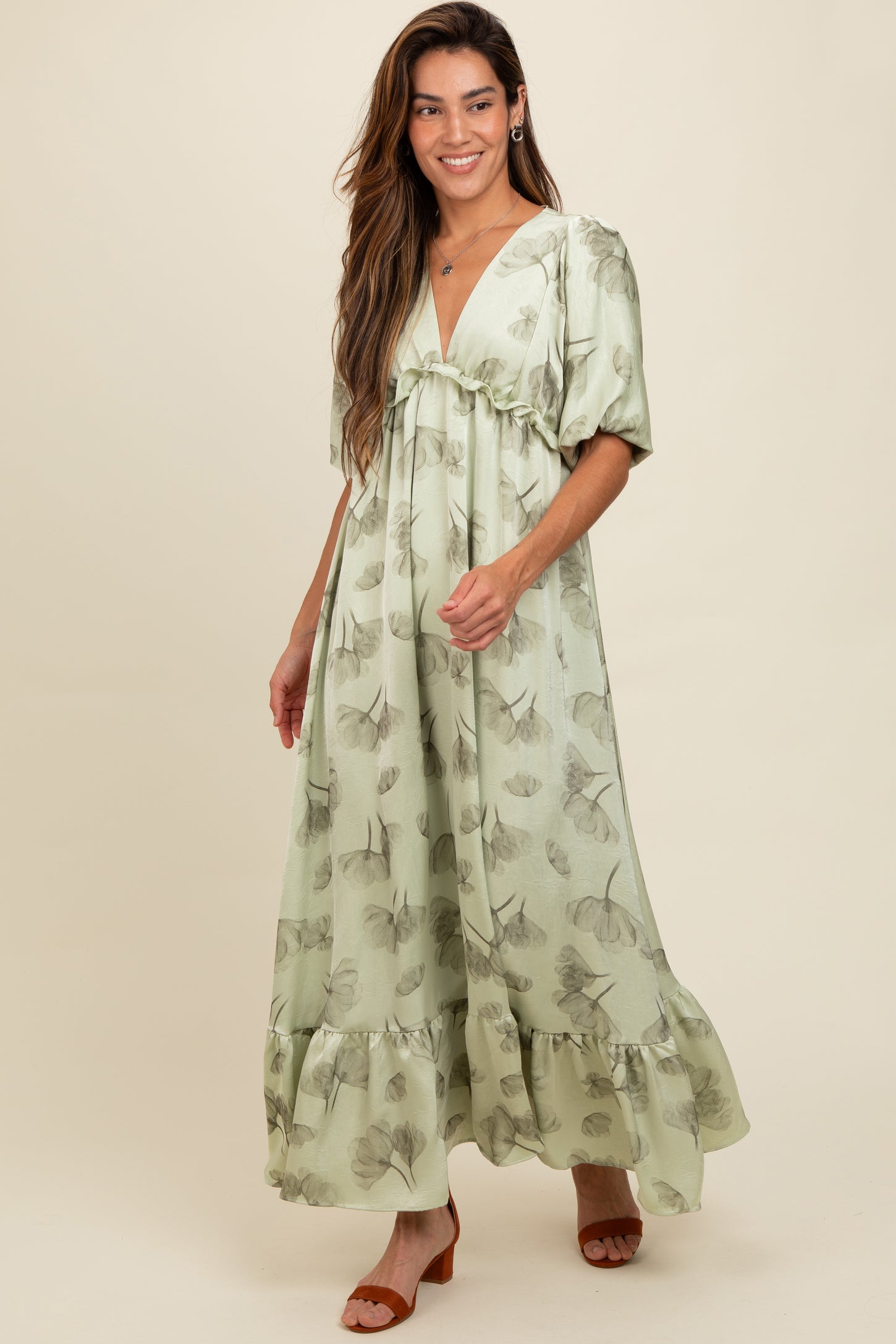 Light Olive Floral Chiffon Ruffle Accent Maternity Maxi Dress – PinkBlush